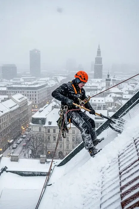 Prace alpinistyczne na dachu w Warszawie podczas zimy